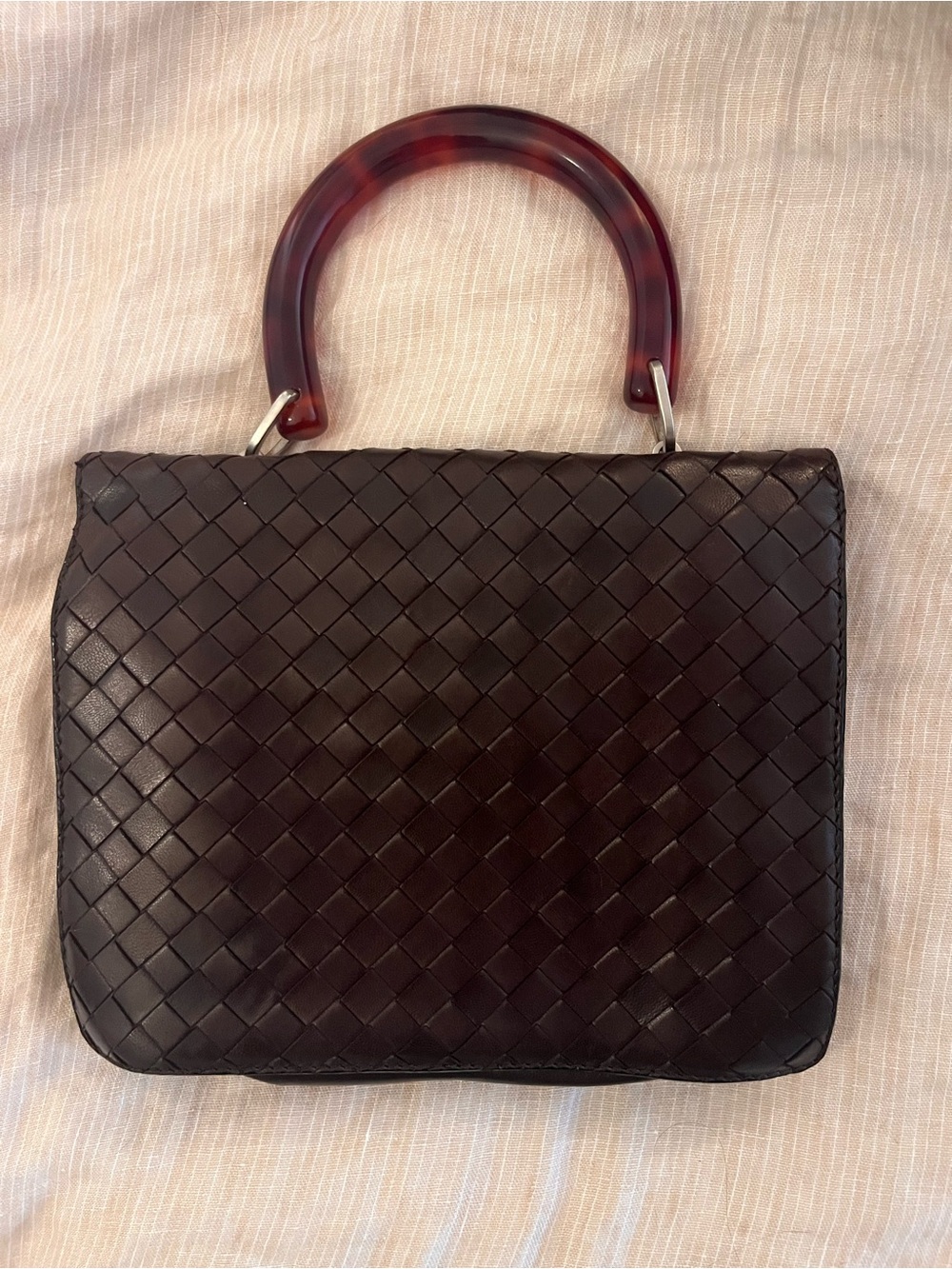 Bottega Veneta Dark Brown Intrecciato Top Handle Bag with Tortoiseshell Handle - Picture 2 of 6